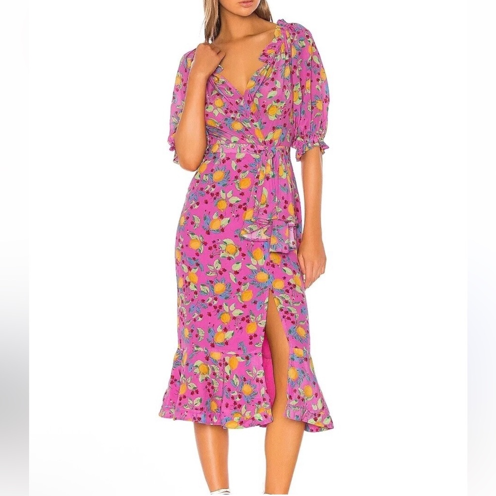 Saloni Olivia Pink Silk Midi Dress Lemoncello Print